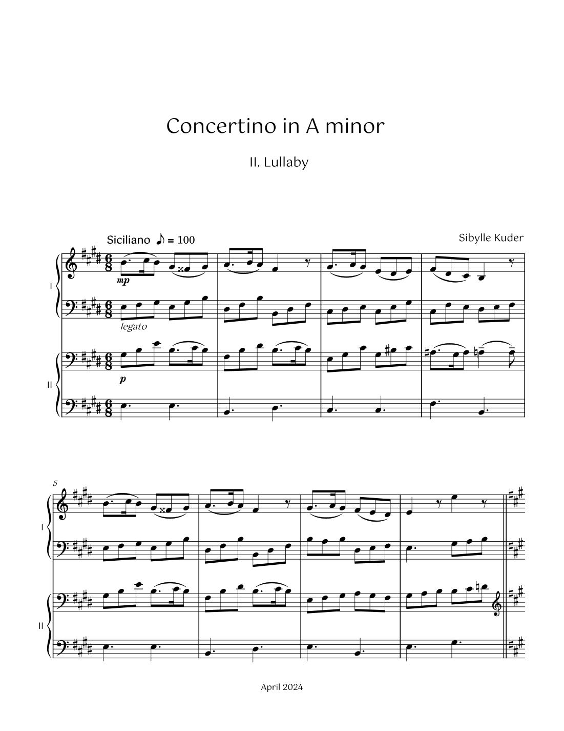 Concertino in A minor for Piano II. Lullaby Sheet Music Sibylle Kuder