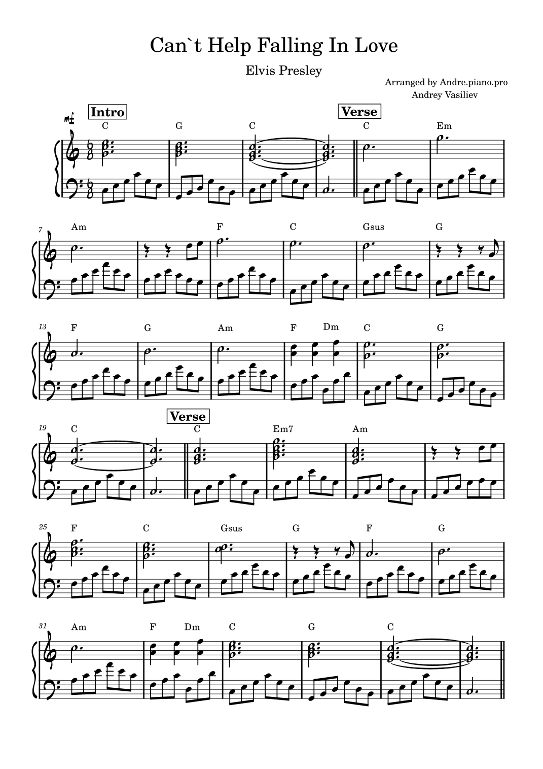 Can't Help Falling In Love by Elvis Presley Sheet Music for Piano