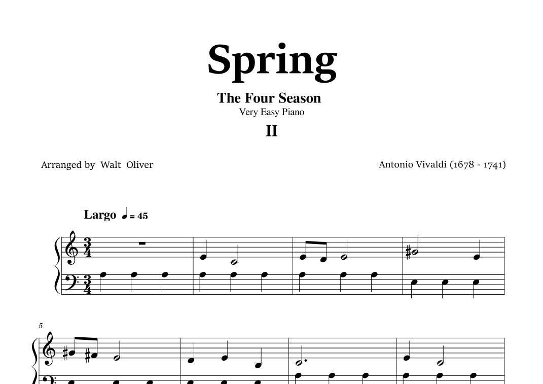 Vivaldi - The Four Seasons - Spring - 2 st mov. - Very Easy Piano (arr ...