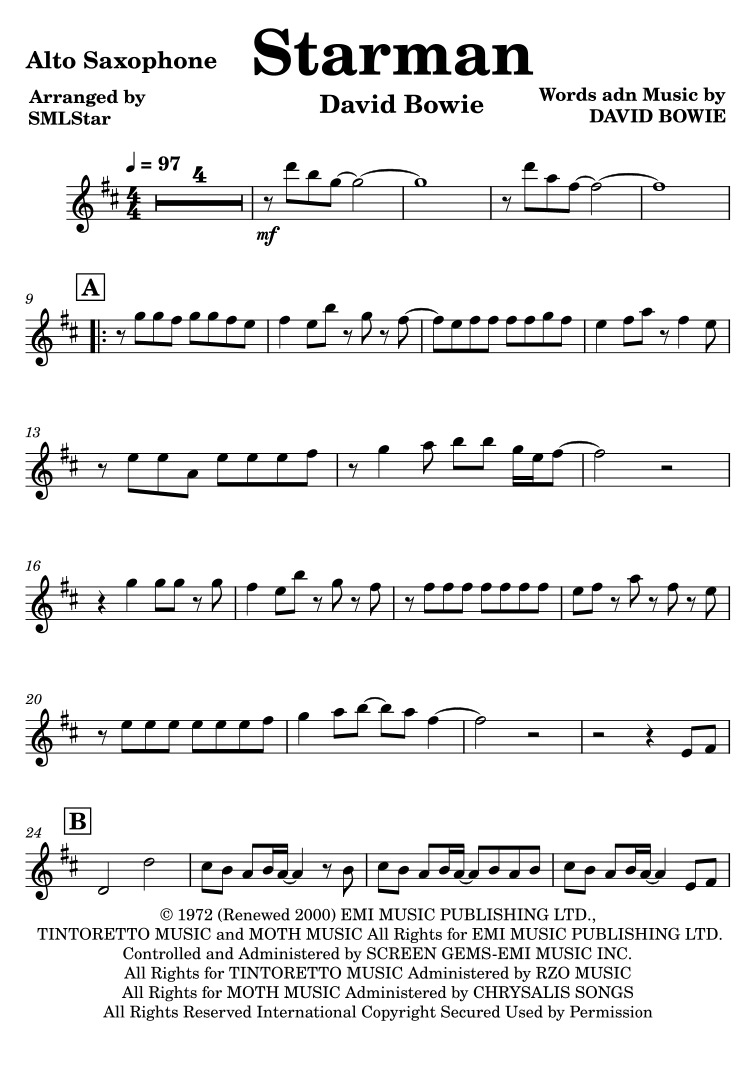 Starman by David Bowie Sheet Music for Alto Sax Solo (arr. SMLStar