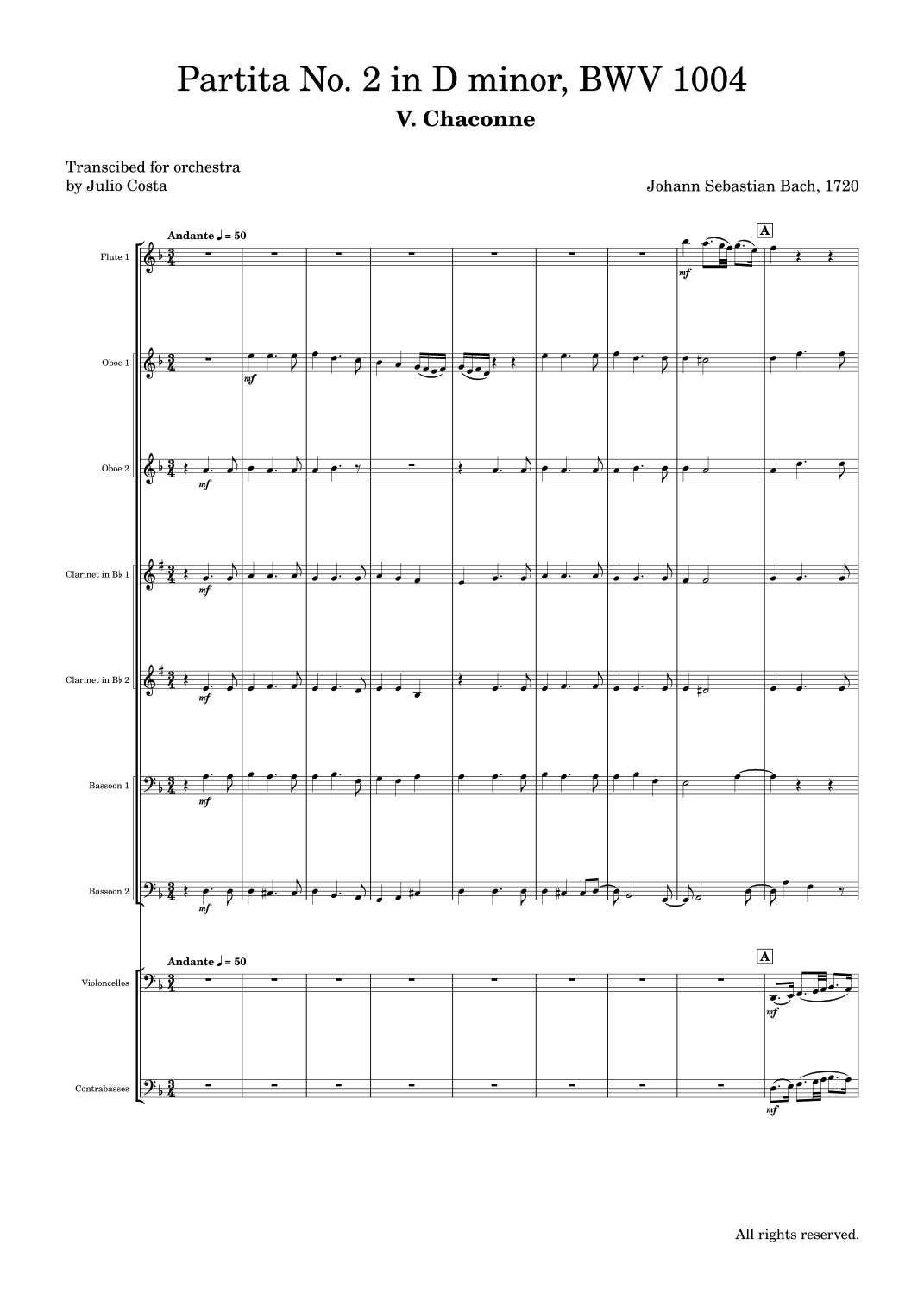 Bach - Chaconne From Partita No. 2 in D minor (Originally For Violin, BWV 1004) for Orchestra (arr. Julio Costa) by Johann Sebastian Bach Full Orchestra (巴赫 - D小调第二号帕蒂塔恰空管弦乐版) - 预览