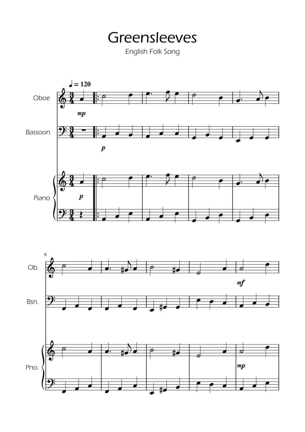 Greensleeves - Oboe and Basson Duet w/ Piano (arr. Ygor Nunes) Digital Sheet Music