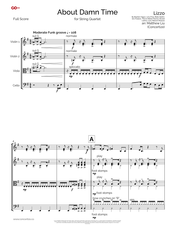 About Damn Time Sheet Music Lizzo String Quartet