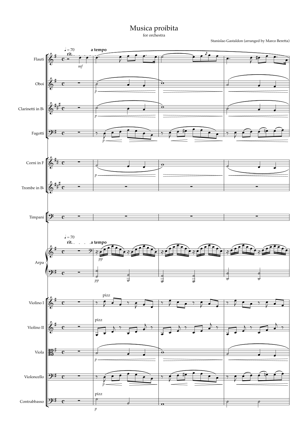 Musica proibita (arr. Marco Beretta) by Stanislao Gastaldon Full Orchestra