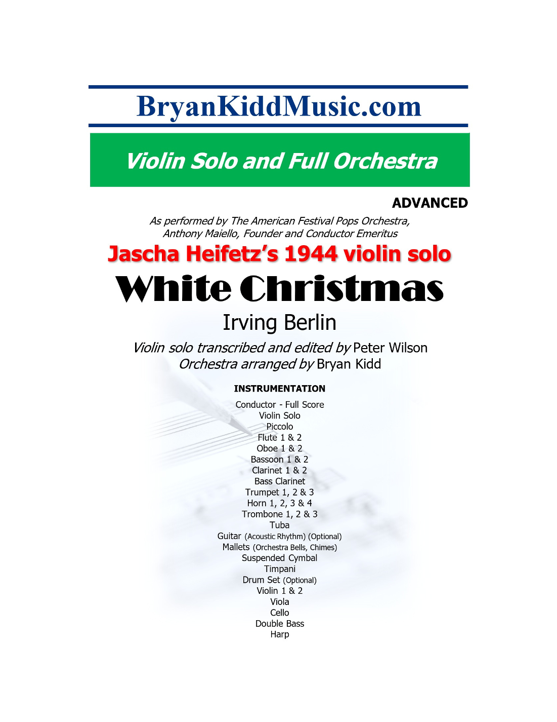 【宾·克罗斯比《白色圣诞》（布莱恩·基德改编）管弦乐总谱】White Christmas (arr. Bryan Kidd) by Bing Crosby Full Orchestra PDF乐谱下载