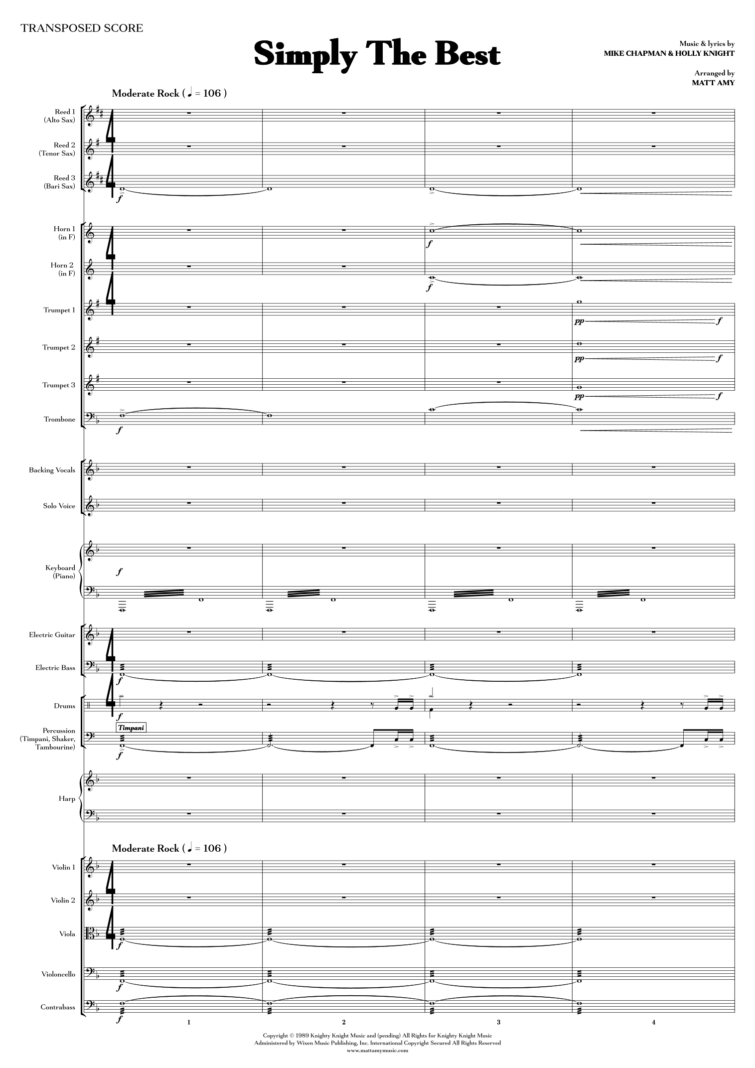 【蒂娜·特纳《最好的》(马特·艾米改编)管弦乐谱】The Best (Simply The Best) (arr. Matt Amy) by Tina Turner Full Orchestra PDF乐谱下载
