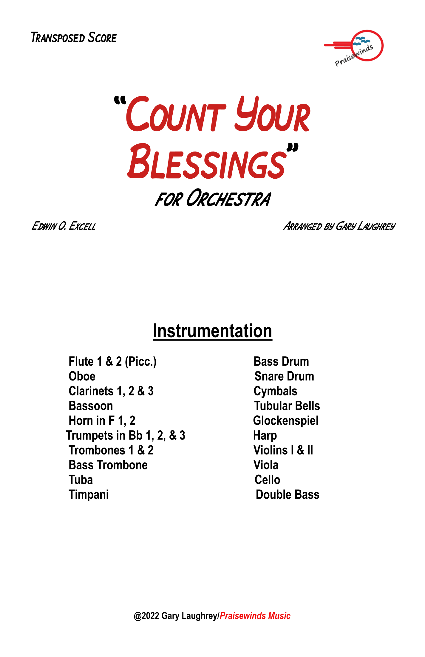 Count Your Blessings (arr. Gary Laughrey) by Edwin O Excel Full Orchestra