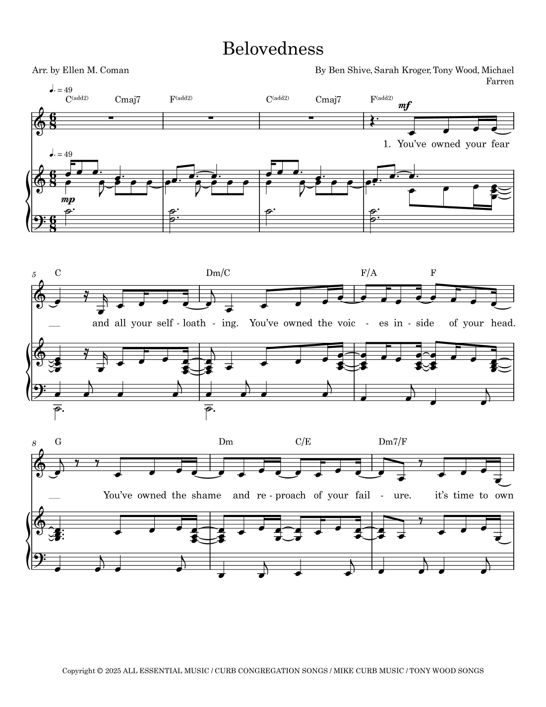Belovedness by Sarah Kroger Sheet Music for Piano, Vocal & Guitar ...