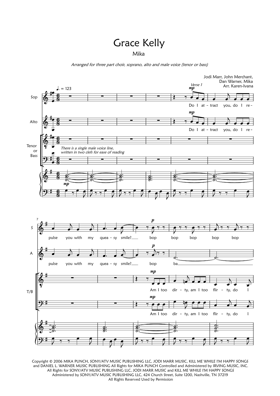 Grace Kelly (arr. Karen Ivana by Mika Sheet Music for SAT Choir at ...
