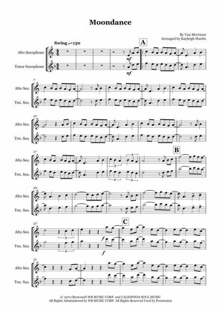 Moondance Noten Van Morrison Altsaxophon Solo