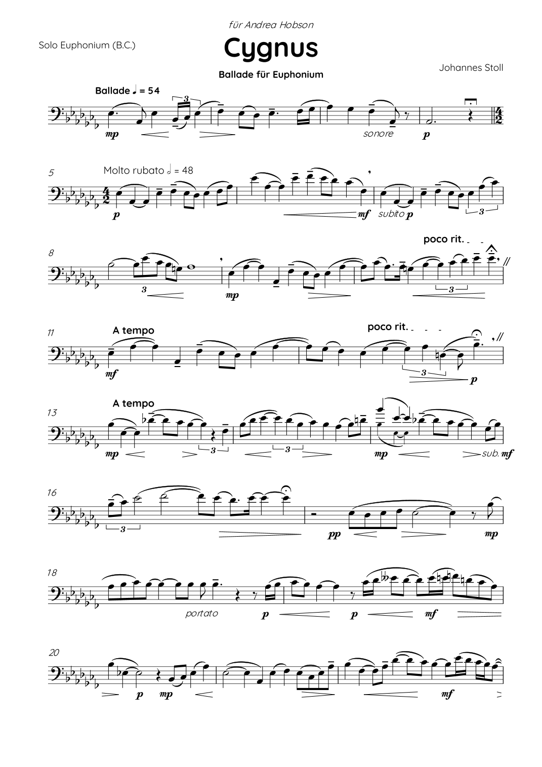 Cygnus B.C. Euphonium Solo in C Sheet Music Johannes Stoll, written