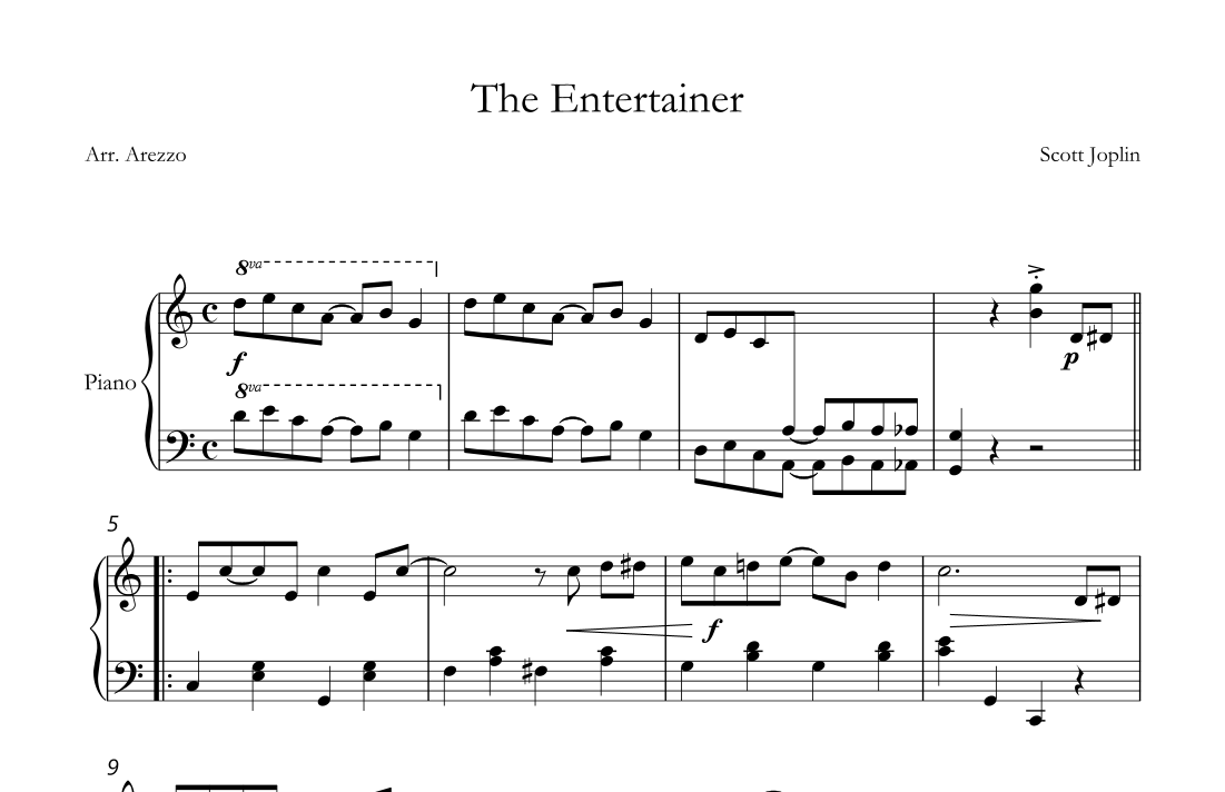 Scott Joplin The entertainer Easy Piano Sheet Music (arr. Arezzo Music ...