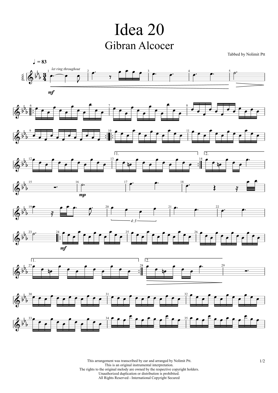 Idea 20 (arr. Righty) por Gïbran Alcocer Partituras para Piano Fácil en ...