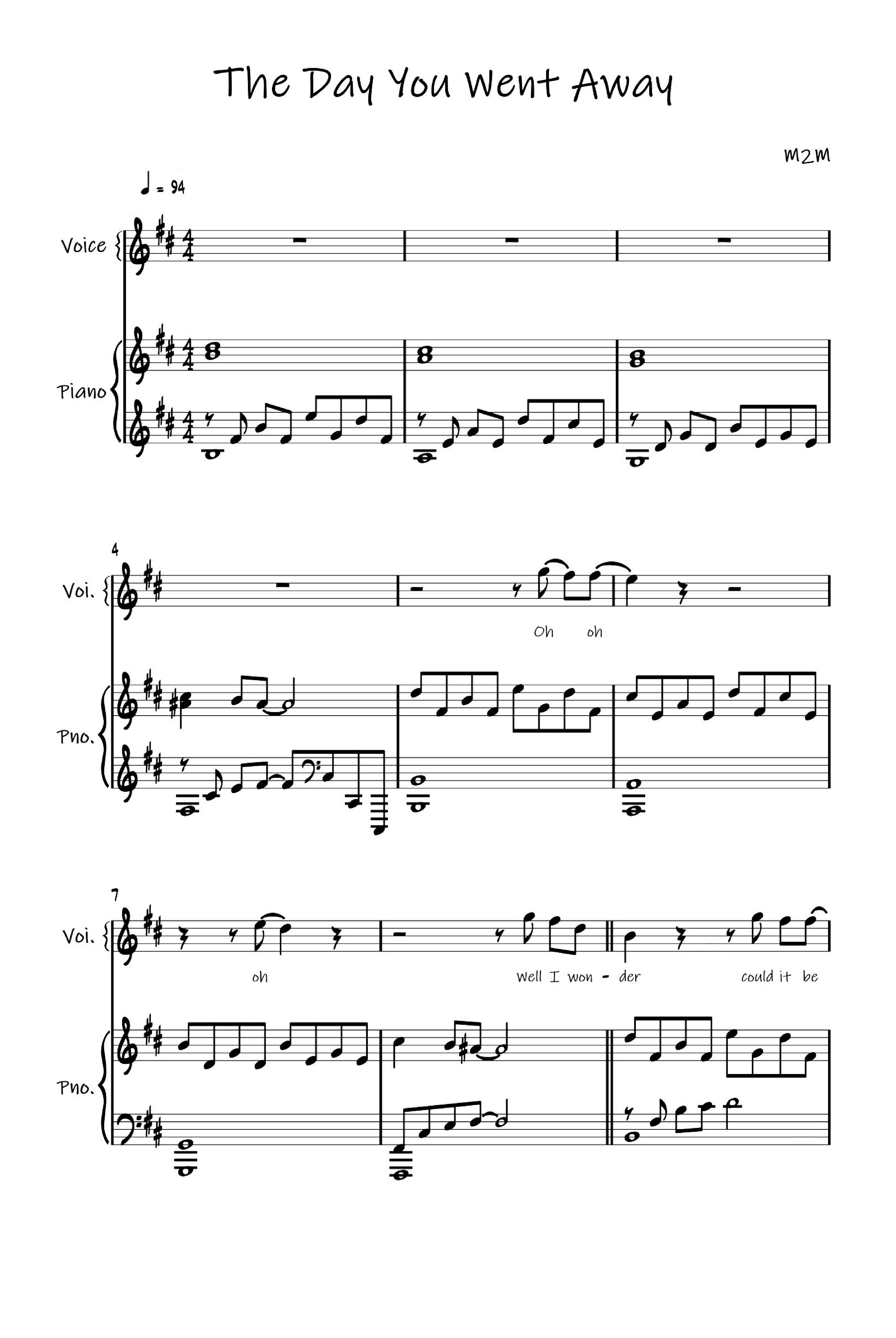 The Day You Went Away by M2M Sheet Music for Piano & Vocal (arr. M2M ...
