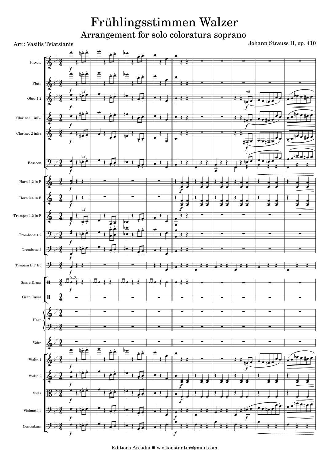 J. Strauss: Frühlingsstimmen-Walzer, Op. 410 — 总谱。花腔女高音与管弦乐团改编版(Vasilis Tsiatsianis 改编),Johann Strauss II 管弦乐团 - 预览