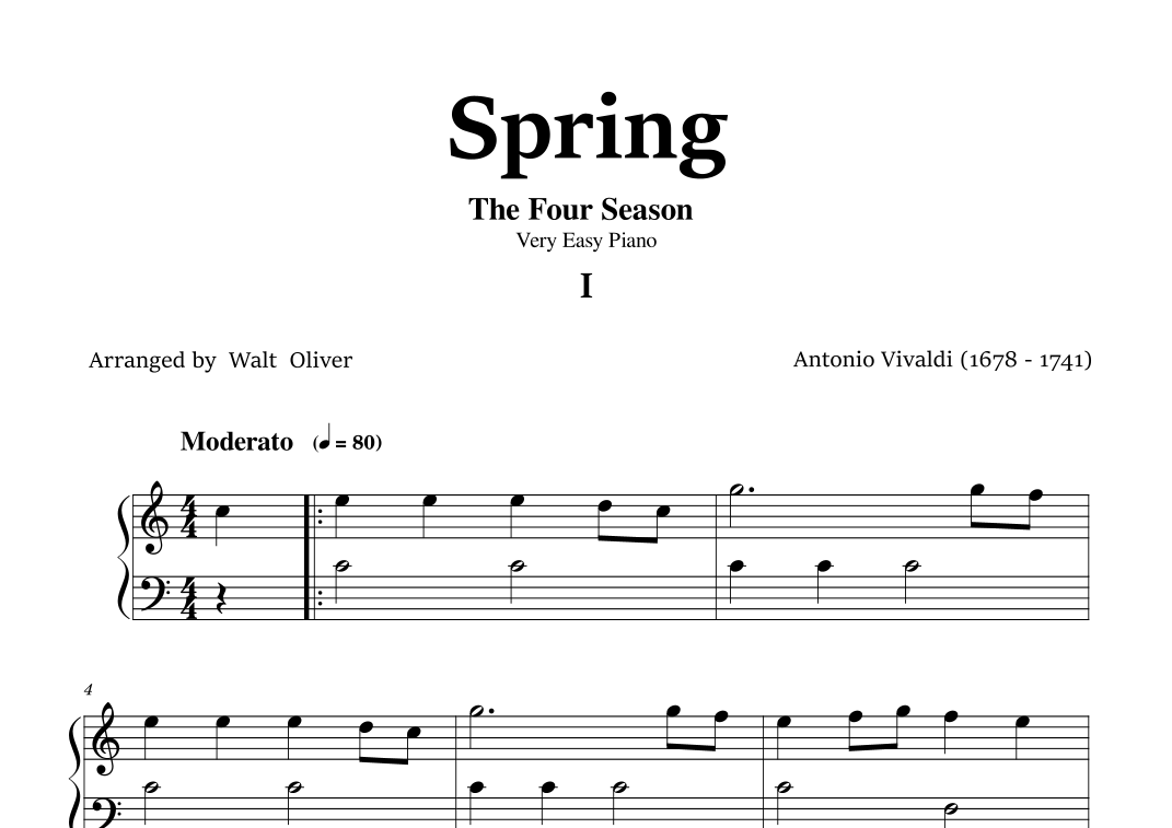 Vivaldi - The Four Seasons - Spring - 1st mov. - Very Easy Piano (arr ...