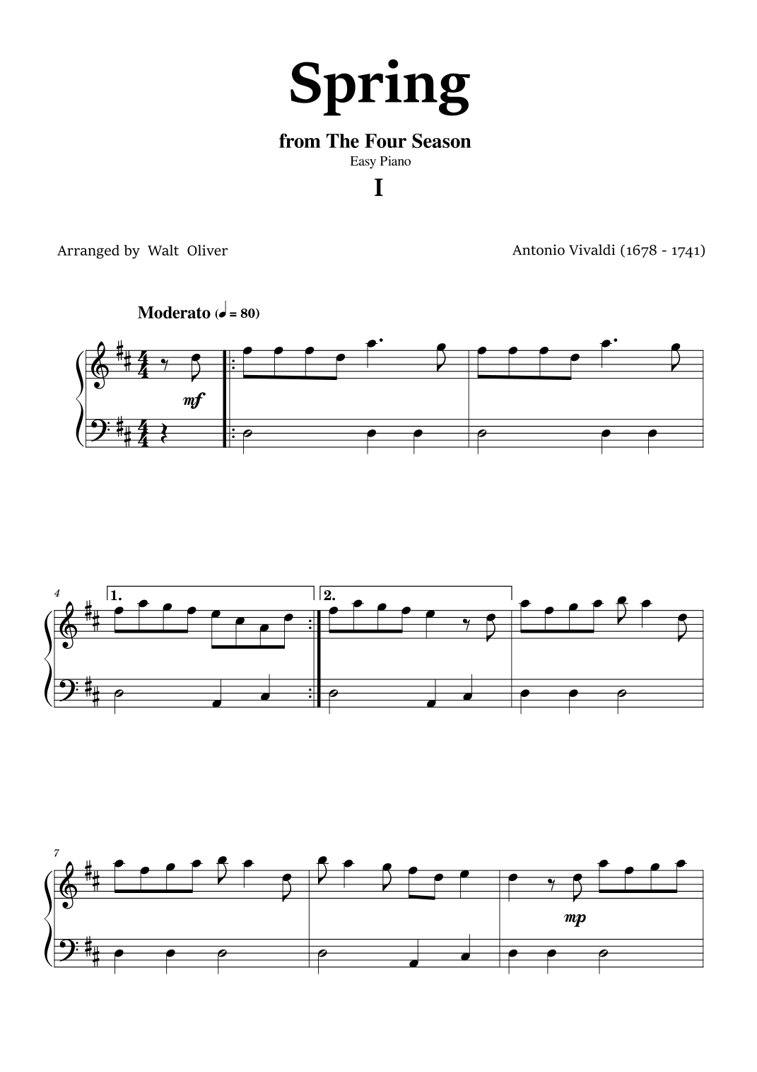 Vivaldi - The Four Seasons - Spring - 1st mov. - Easy Piano by Antonio ...