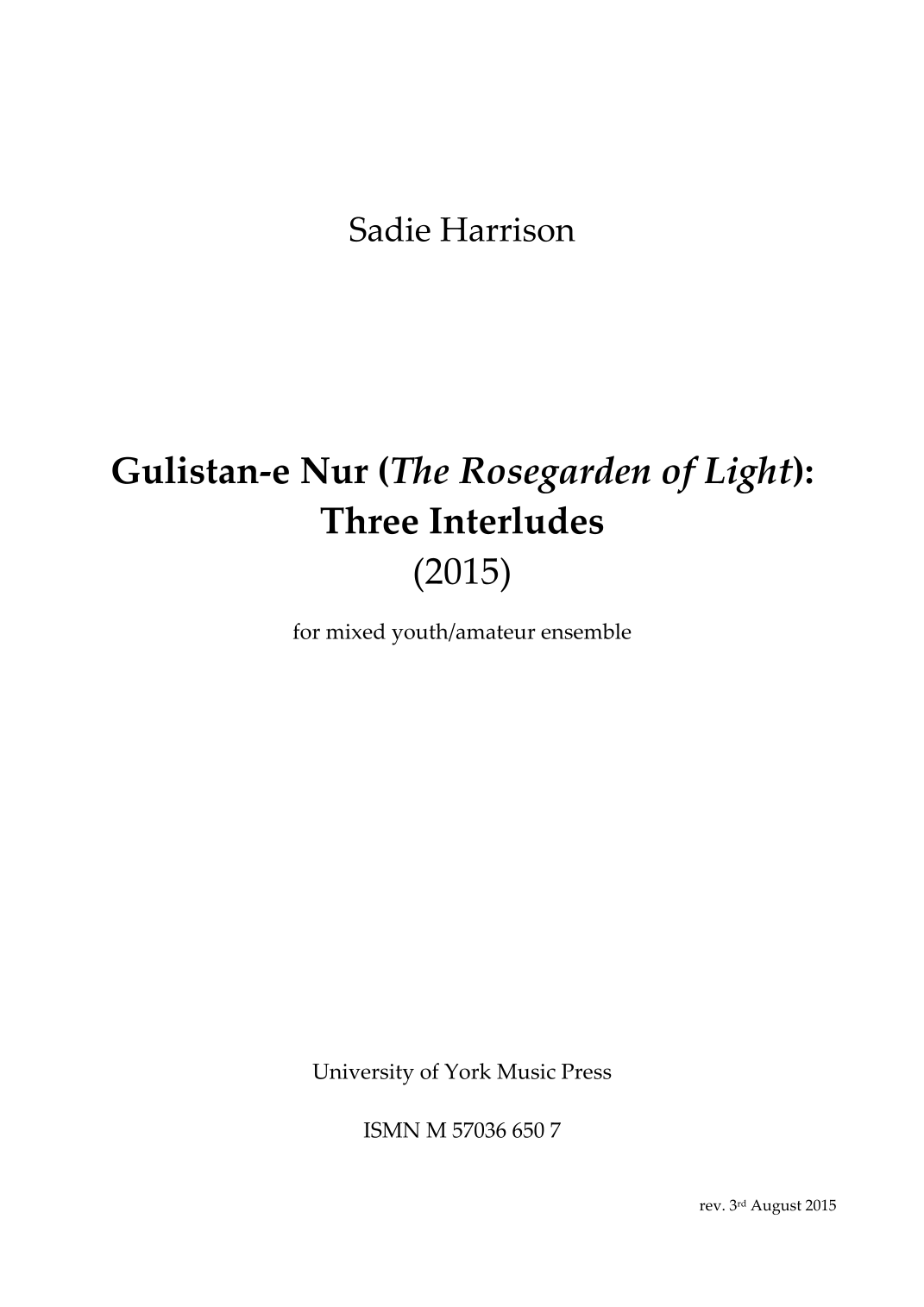 Interactive Digital Sheet Music preview of 'Gulistan-e-Nur (The Rosegarden of Light): Three Interludes - Score Only' by Sadie Harrison, Performance Ensemble page 1
