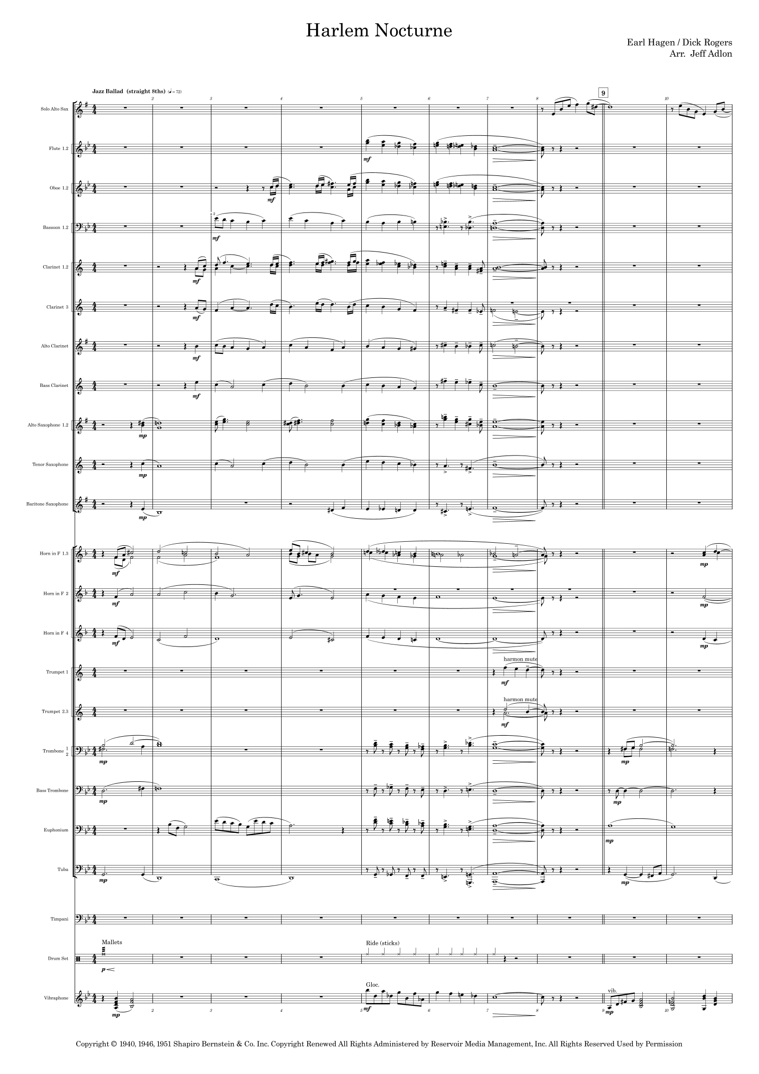Harlem Nocturne (arr. Jeff Adlon) by Earle Hagen Sheet Music for ...