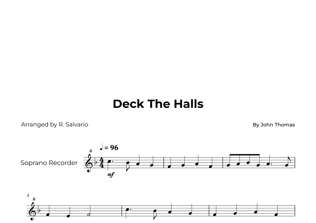 Deck The Halls - Soprano Recorder Solo (arr. R. Salvario) by John ...
