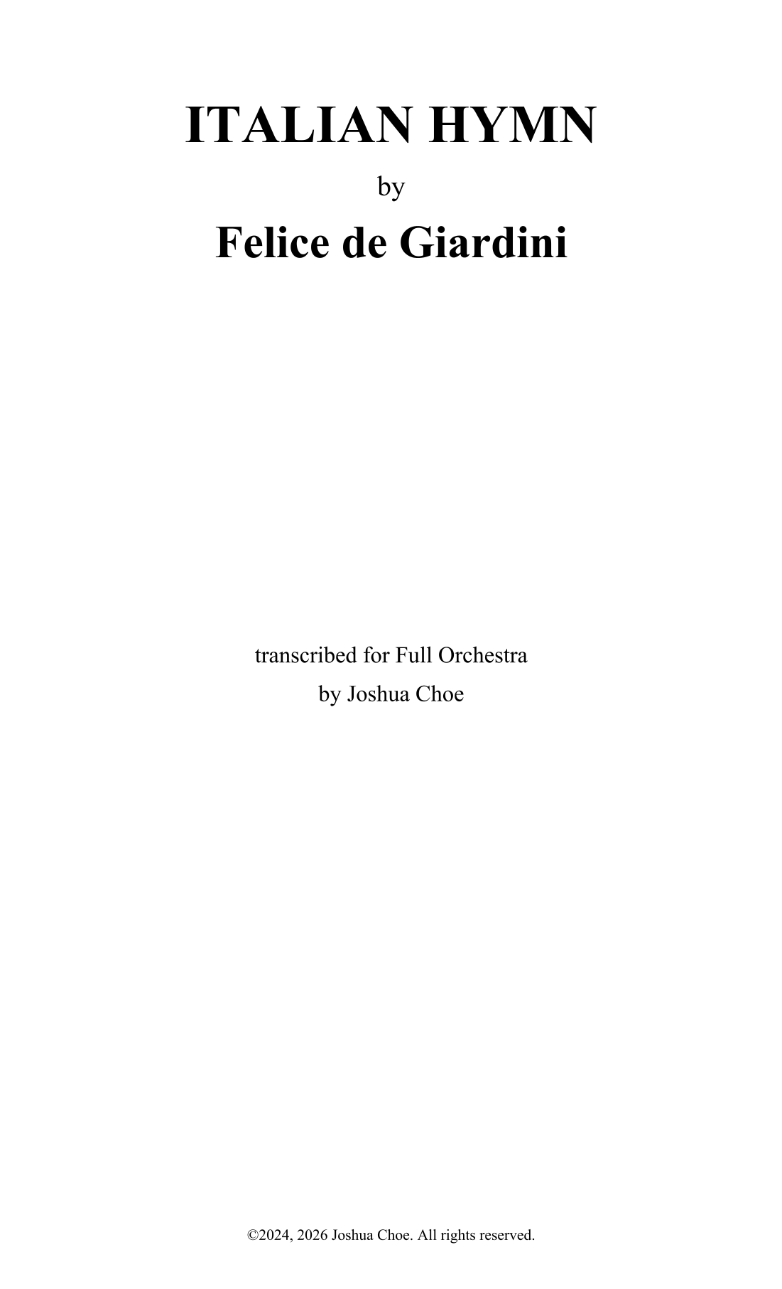 ITALIAN HYMN (arr. Joshua Choe) by Felice de Giardini Full Orchestra