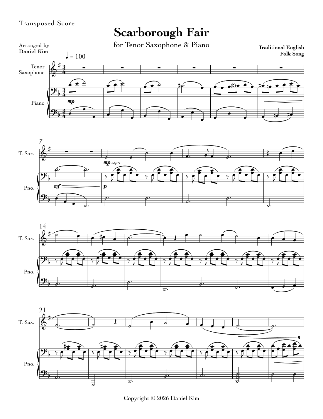 Scarborough Fair (Tenor Sax & Piano) (arr. Daniel Kim) by Traditional ...