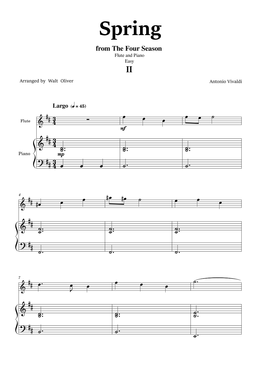 Vivaldi - The Four Seasons - Spring - 2st mov. - Easy - Flute and Piano ...