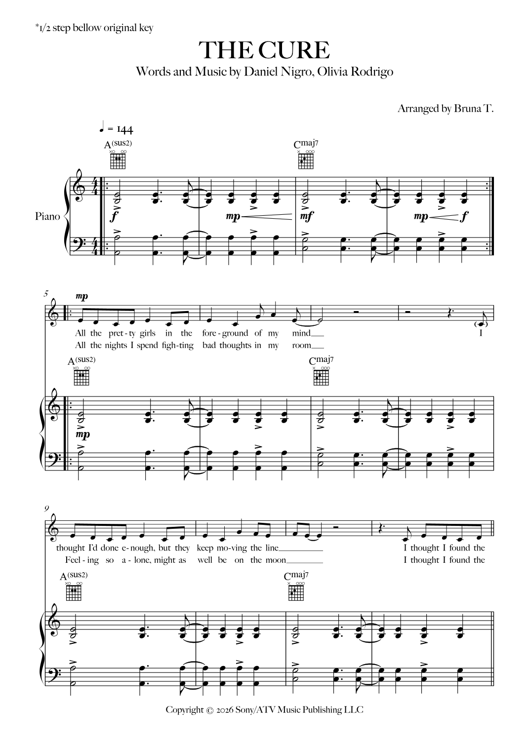 The Cure by Olivia Rodrigo Sheet Music for Piano, Vocal & Guitar