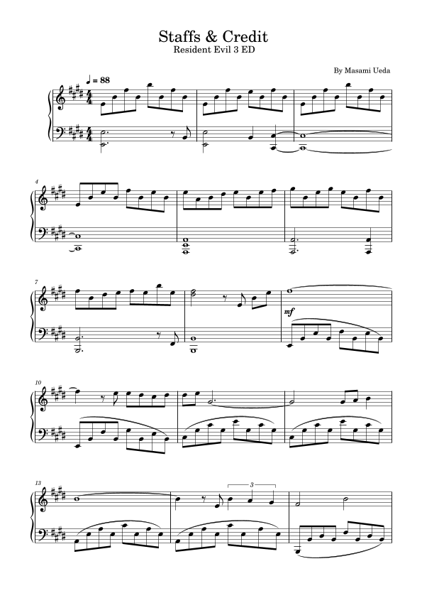 Staff & Credit,Resident Evil 3 ED,For Piano Solo Sheet Music Masami