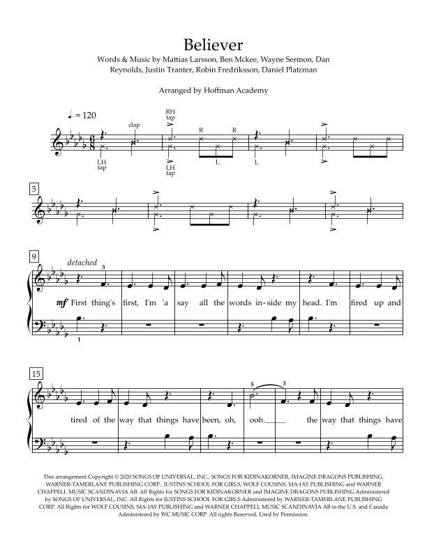 Interaktive Digitale Noten-Vorschau von 'Believer (arr. Alex Isackson, Hoffman Academy - Easy Piano)' von Imagine Dragons, Klavier, leicht page 1