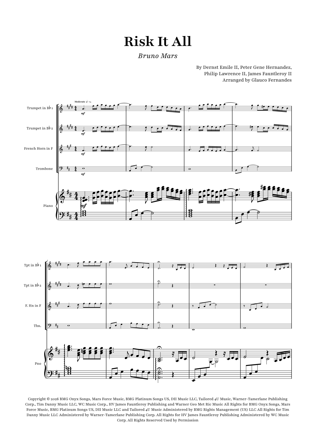 Risk It All (arr. Glauco Fernandes by Bruno Mars Sheet Music for Brass ...