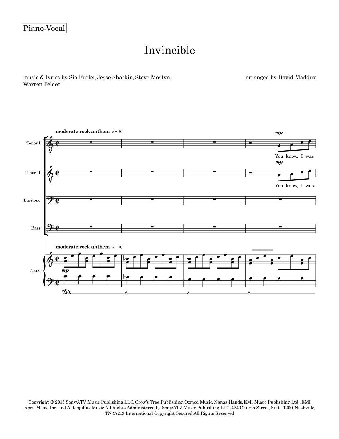 Invictous Base Notes Invincible (arr. David Maddux) by Kelly Clarkson Sheet Music for TTBB ...