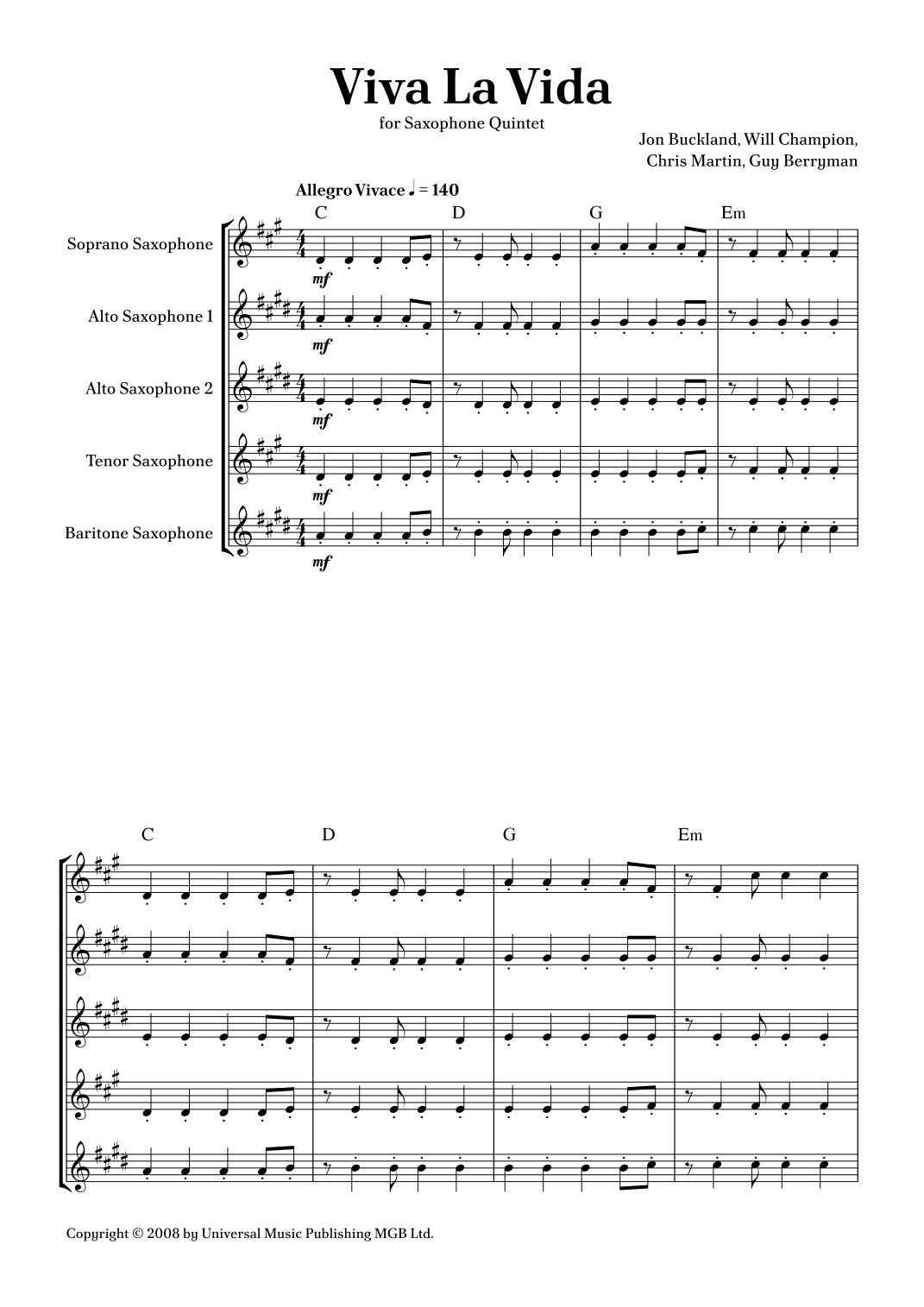 Viva La Vida (arr. Caio Costa) by Coldplay Sheet Music for Woodwind ...