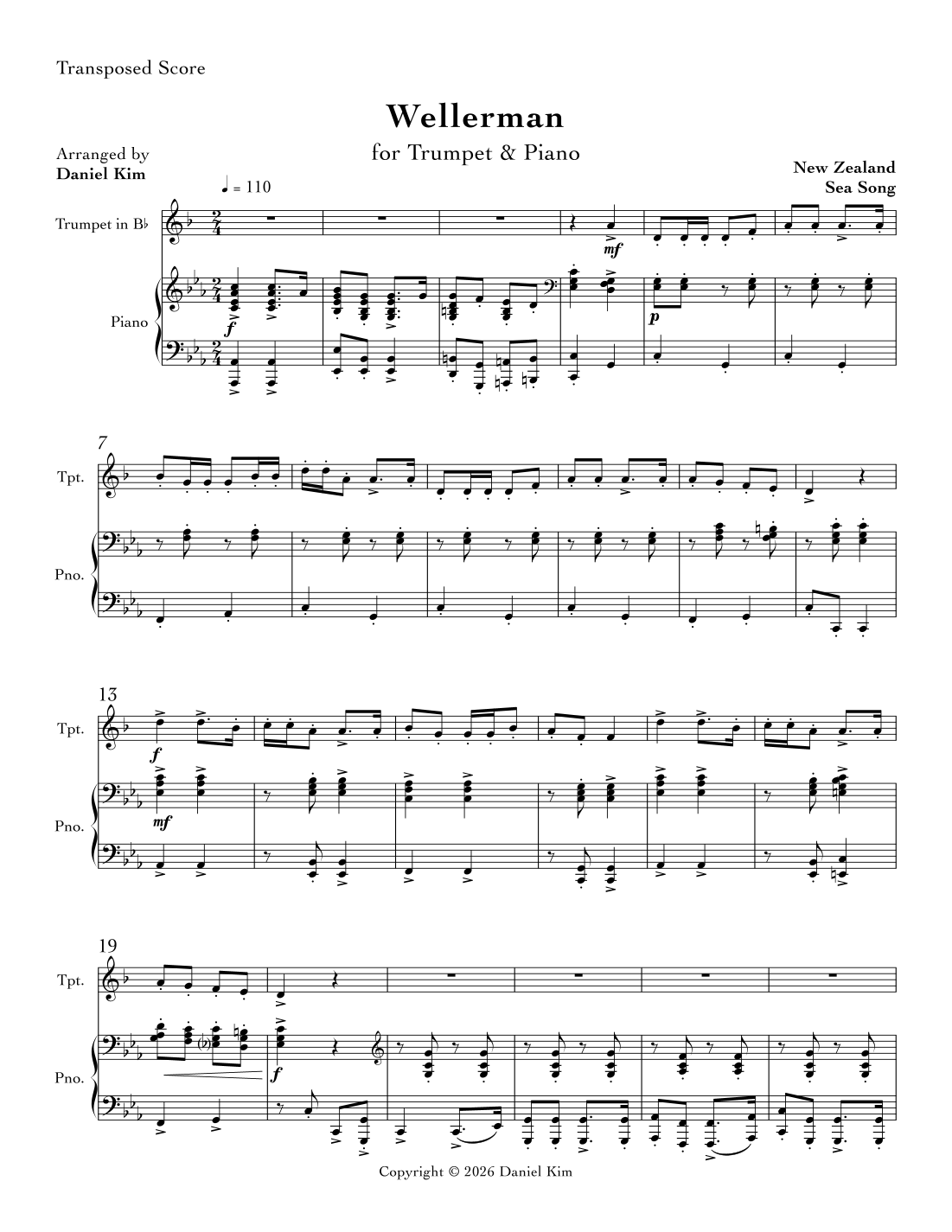 Wellerman (Trumpet & Piano) (arr. Daniel Kim) by New Zealand Sea Song ...