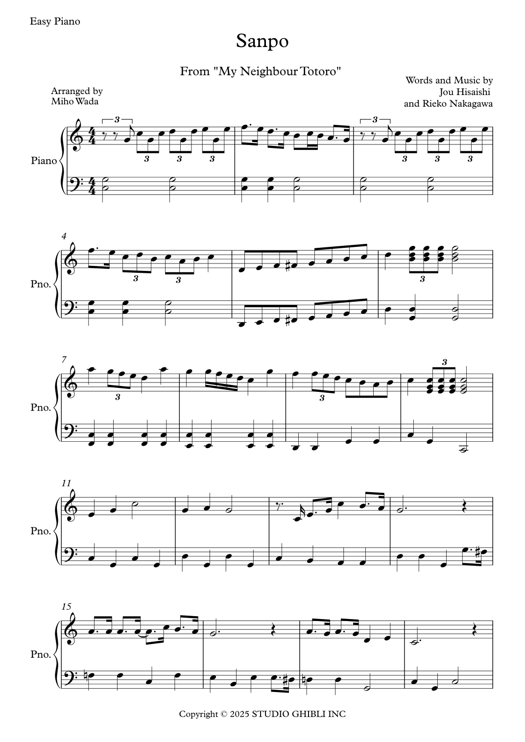 Sanpo (arr. Miho Wada) by Jou Hisaishi Sheet Music for Easy Piano at ...