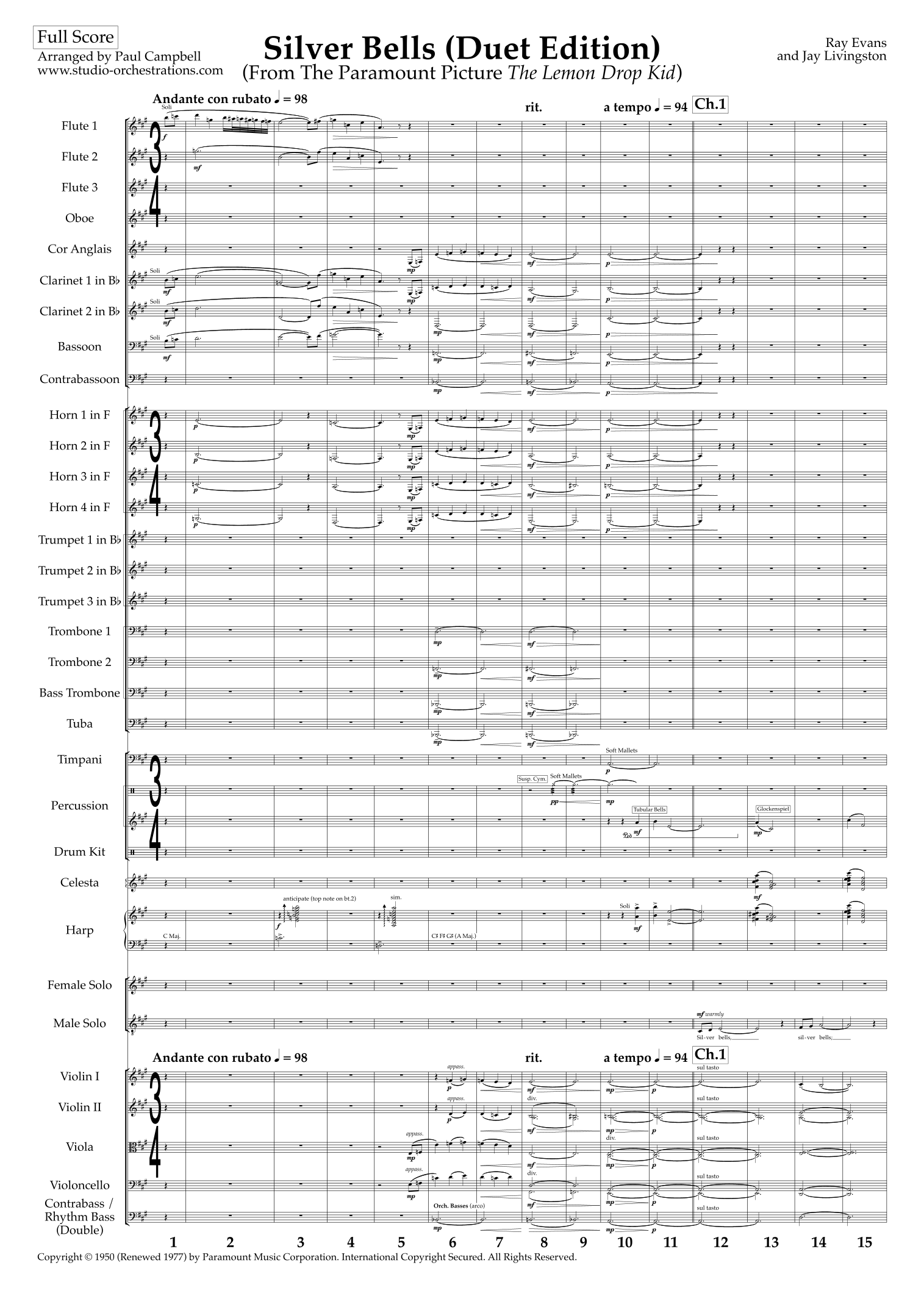 Silver Bells (arr. Paul Campbell / Studio Orchestrations) by John Denver Full Orchestra