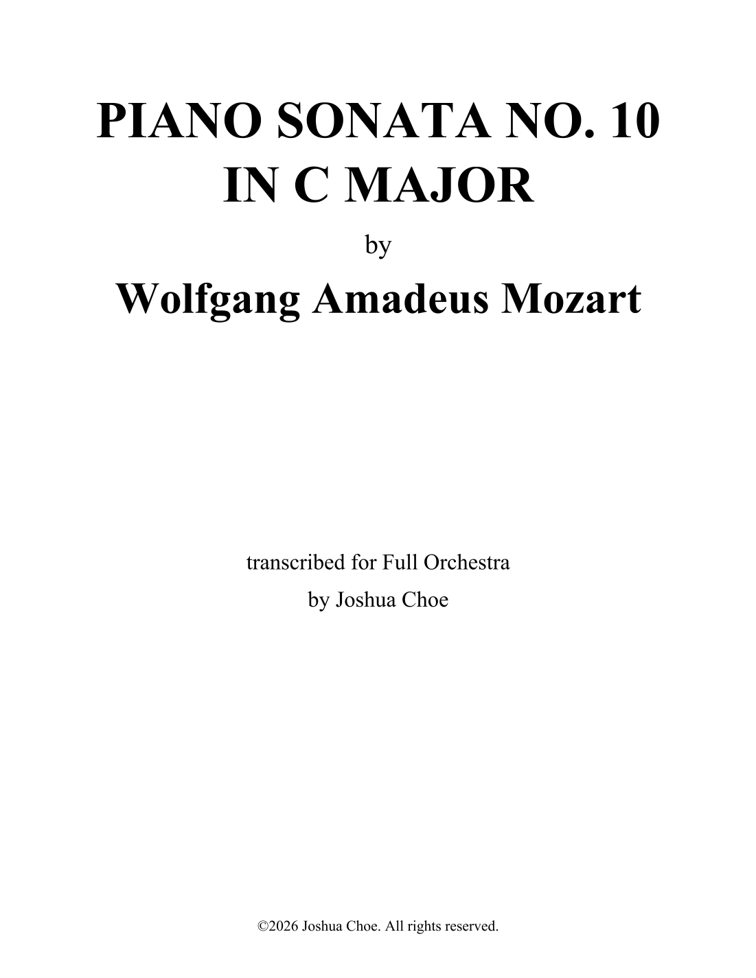 Piano Sonata No. 10 in C Major, K. 330/300h (arr. Joshua Choe) by Wolfgang Amadeus Mozart Full Orchestra