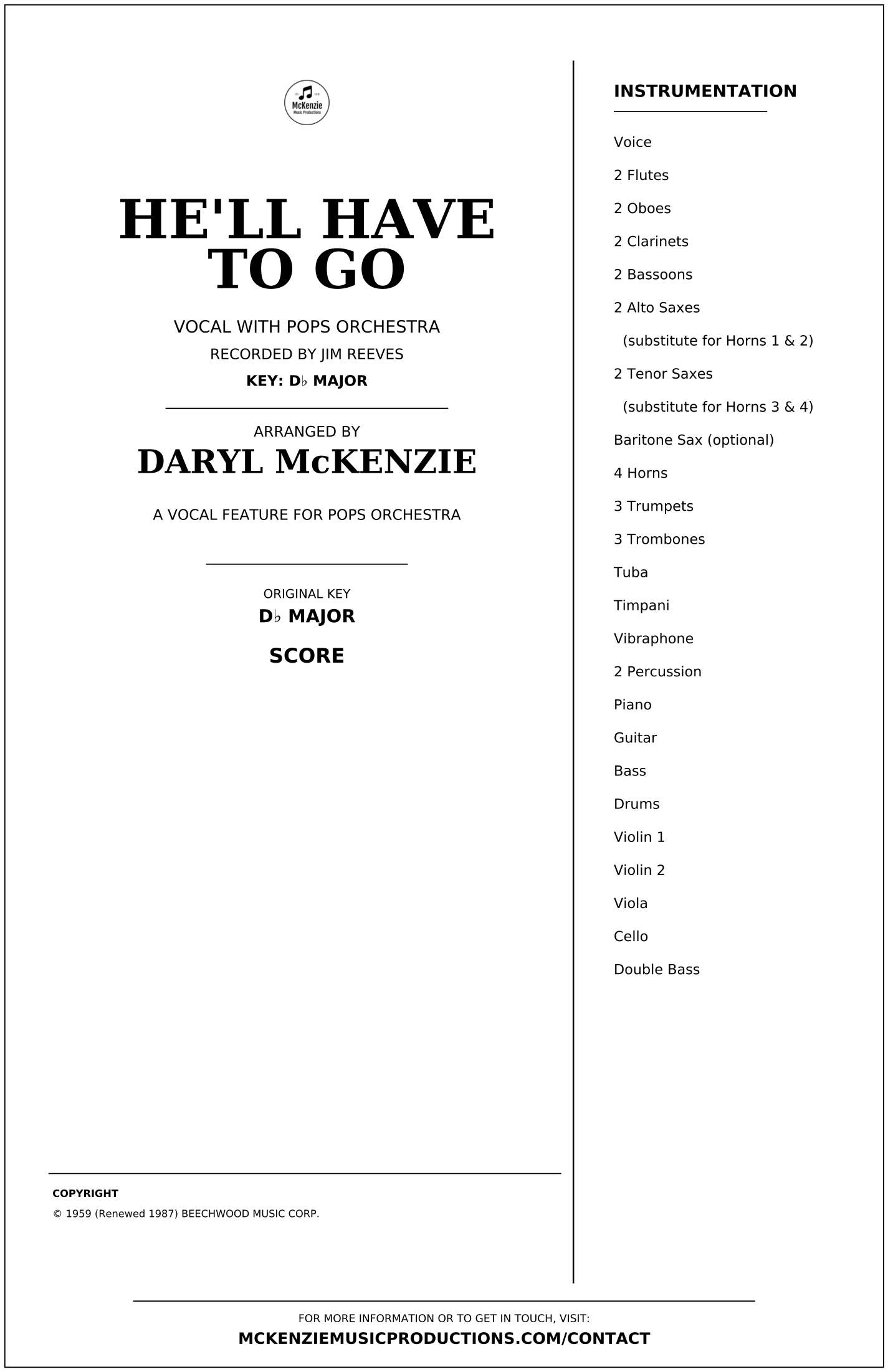 He'll Have To Go (arr. Daryl McKenzie) by Jim Reeves Full Orchestra