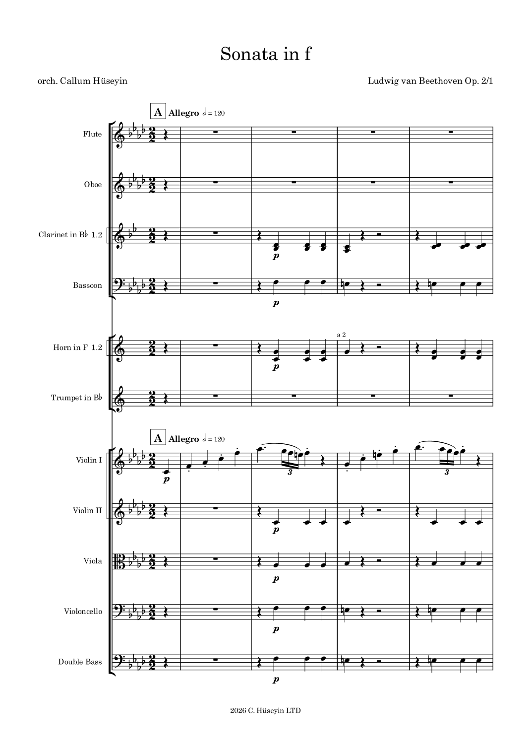 Sonata No. 1 in f minor Op.2/1 - orchestrated for chamber orchestra (Full Score) - Score Only (arr. Callum Huseyin) by Ludwig Van Beethoven Chamber Orchestra