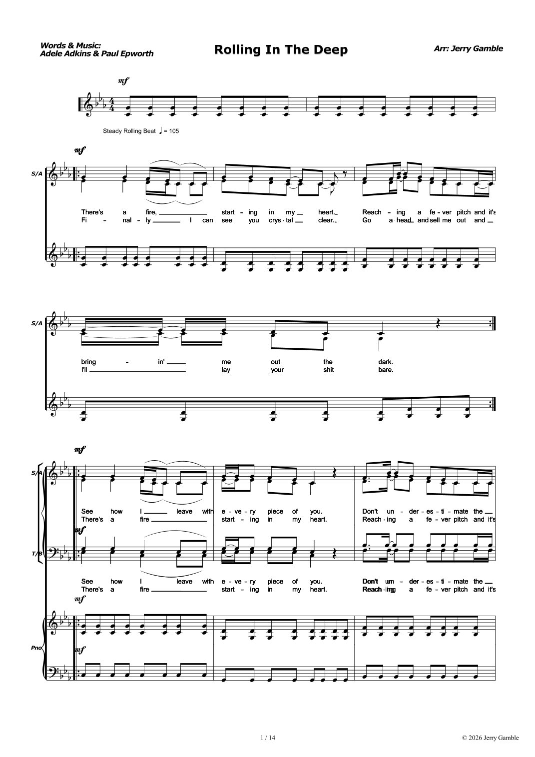 Rolling In The Deep (arr. Jerry Gamble par Adele Partitions pour Choeur ...