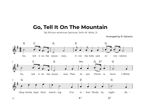 Go, Tell It On The Mountain (Key of G Major) (arr. R. Salvario) Digital Sheet Music