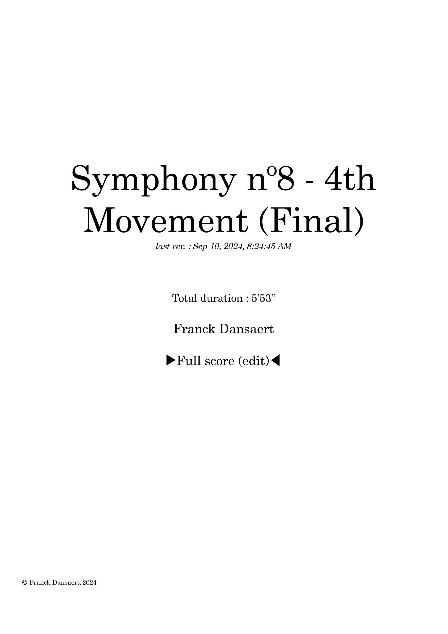 【弗兰克·丹萨特《第八交响曲》（第四乐章）管弦乐总谱】Symphony nº8 (fourth movement) - Score Only by Franck Dansaert Full Orchestra PDF乐谱下载