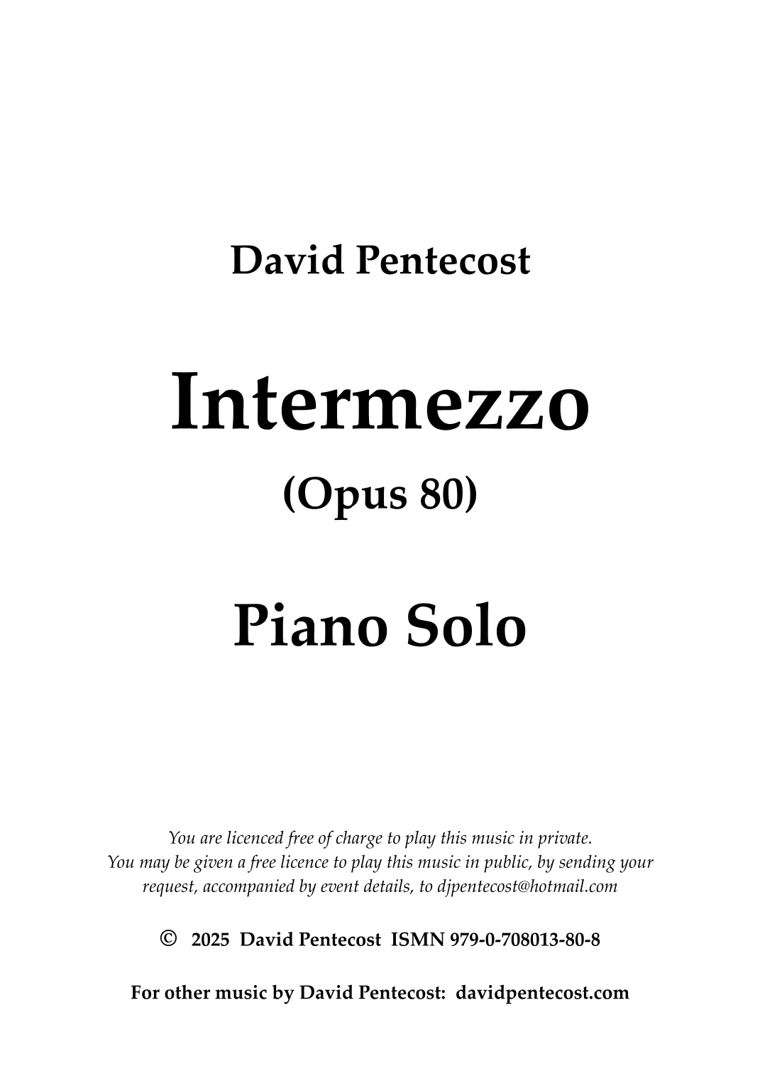 Vista previa interactiva de Partituras Digitales de 'Intermezzo, Op.80' por David Pentecost, Piano solo page 1