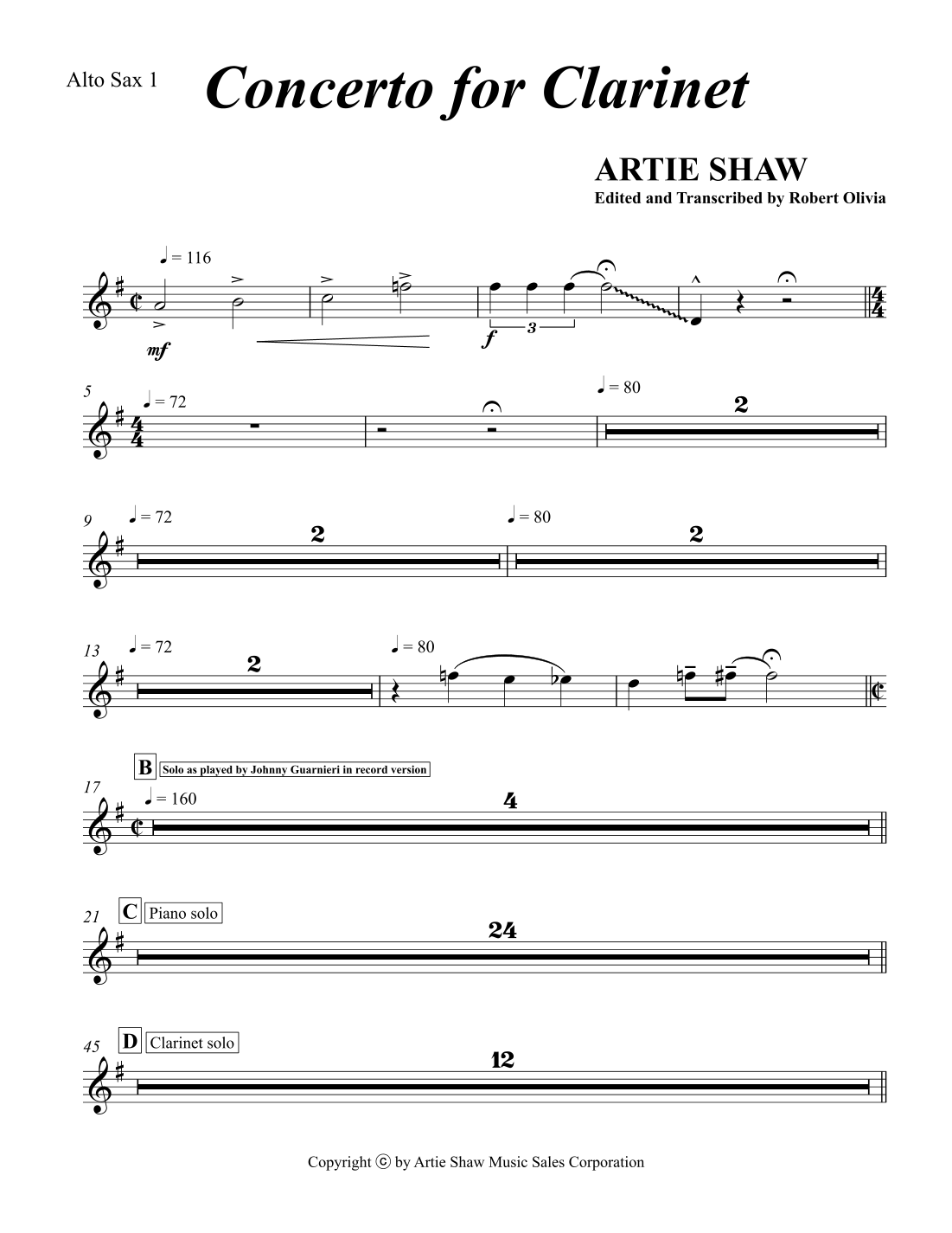 Concerto For (arr. Robert C. Olivia) Sheet Music Artie Shaw