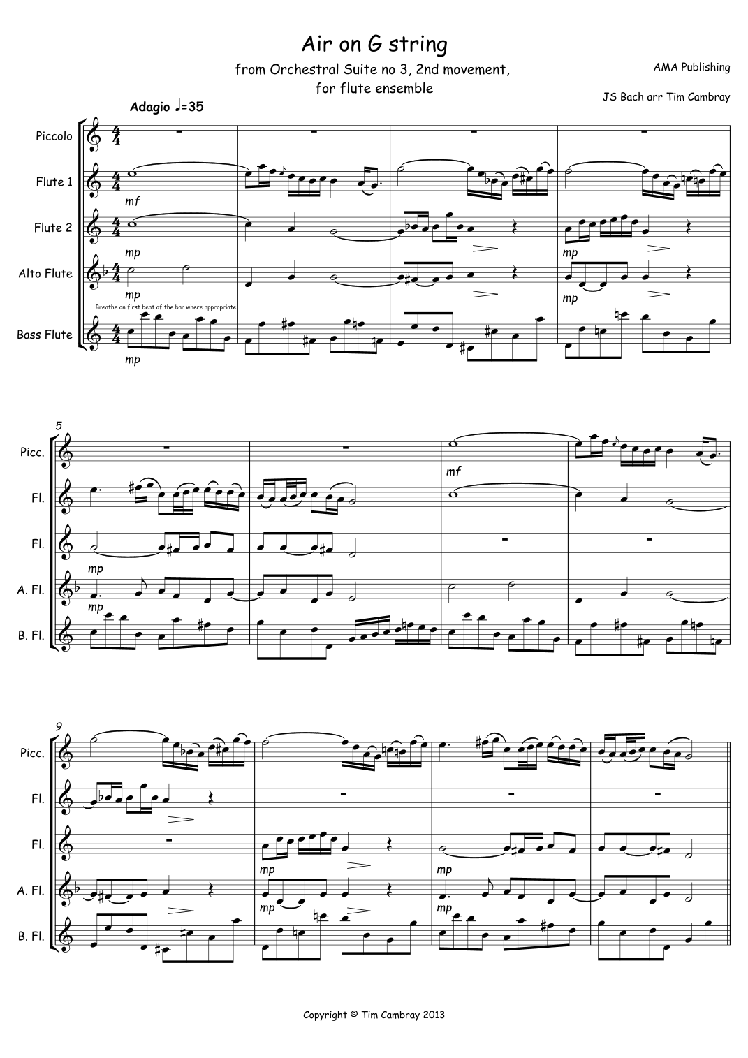 Air on a G String - for flute quintet (arr. Tim Cambray) by JS Bach ...