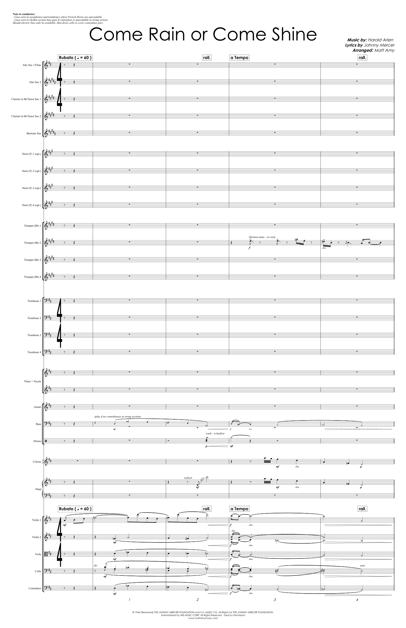 Come Rain Or Come Shine (arr. Matt Amy) by Harold Arlen 全编制管弦乐团 - 预览