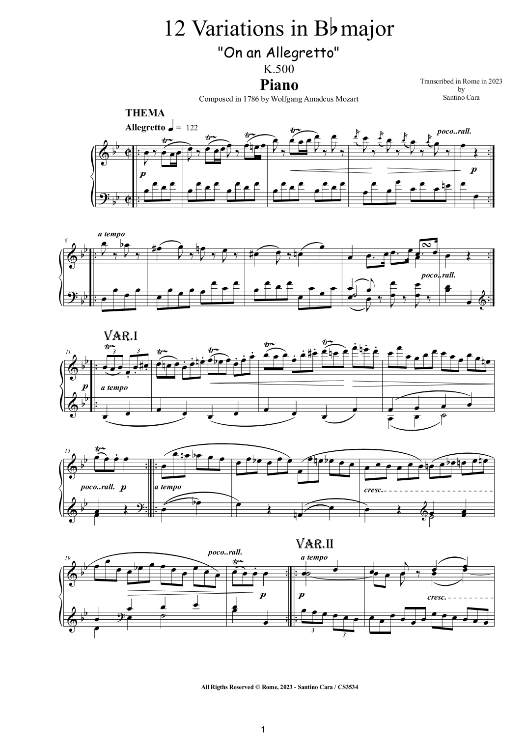 Mozart - 12 Variations on an Allegretto in B flat major, K. 500 for ...