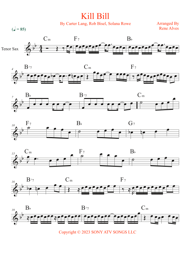 Kill Bill (arr. Rene Alves) by SZA Sheet Music for Tenor Sax Solo at