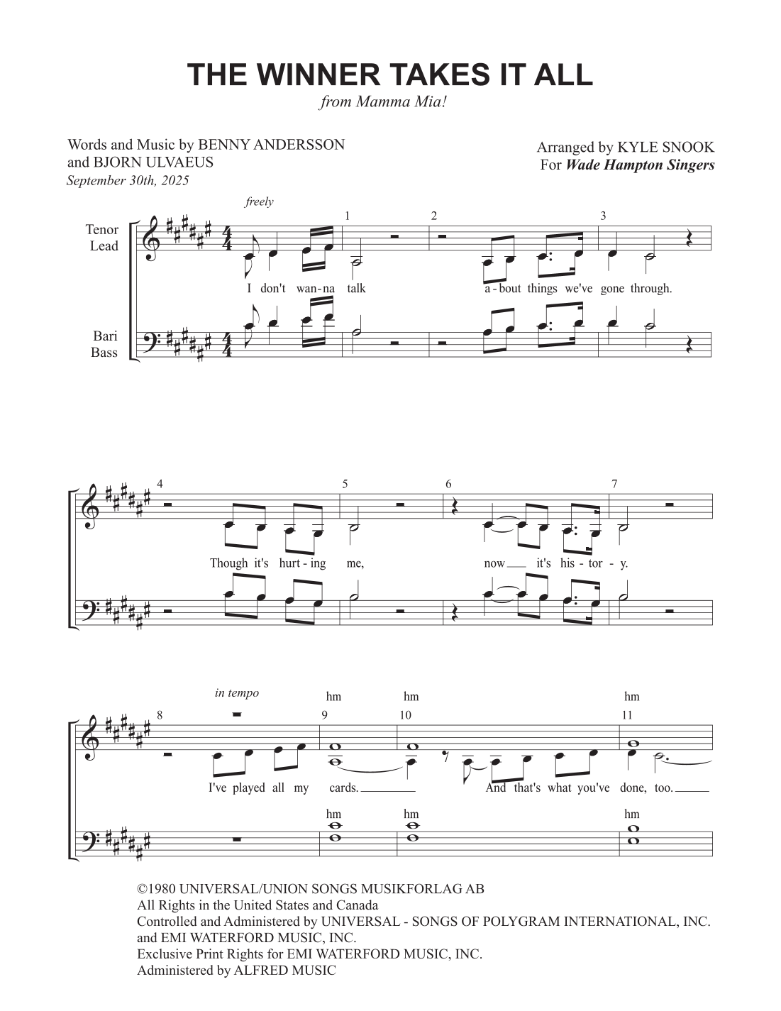 The Winner Takes It All by ABBA Sheet Music for SATB Choir (arr. Kyle ...