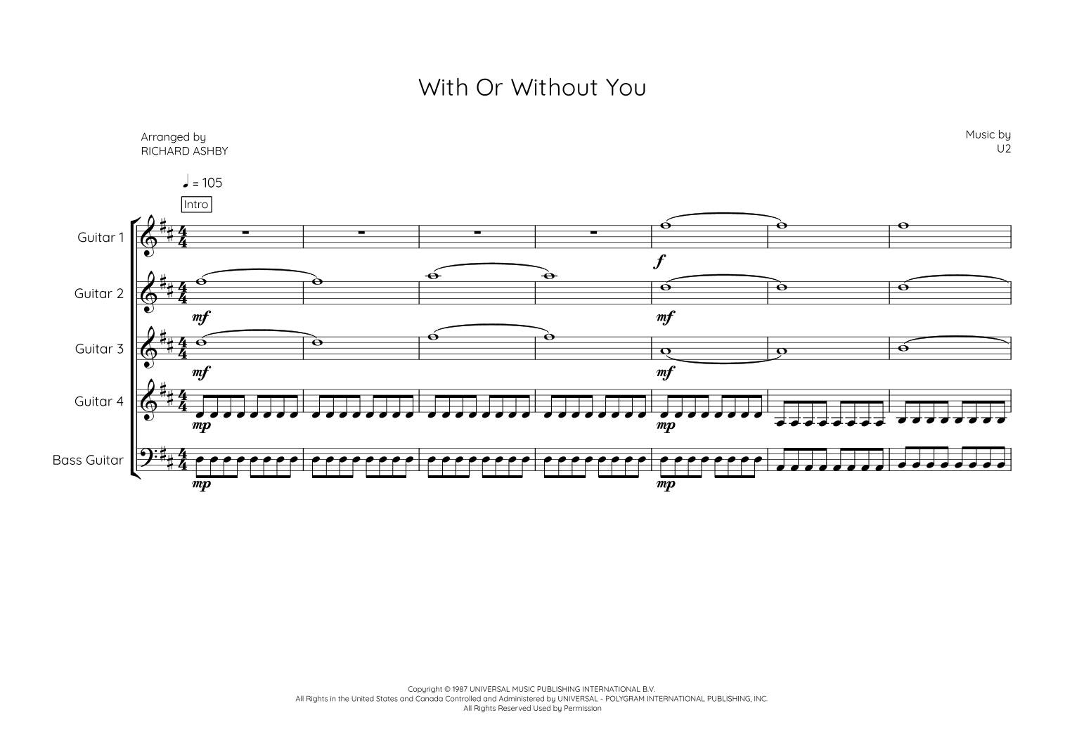 With Or Without You by U2 Sheet Music for Guitar Ensemble (arr. Richard ...